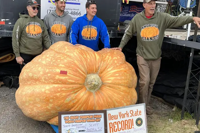 Four men stand behind a giant pumkin.